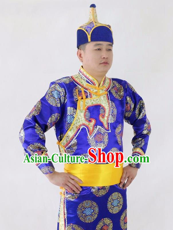 Chinese Traditional Mongol Nationality Royalblue Costumes Mongolian Ethnic Dance Robe for Men Chinese Traditional Mongol Nationality Royalblue Costumes Mongolian Ethnic Dance Robe for Men