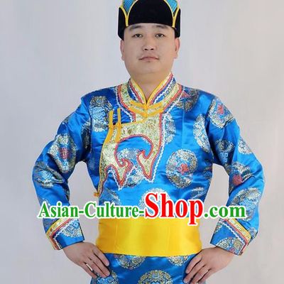 Chinese Traditional Mongol Nationality Blue Costumes Mongolian Ethnic Dance Robe for Men