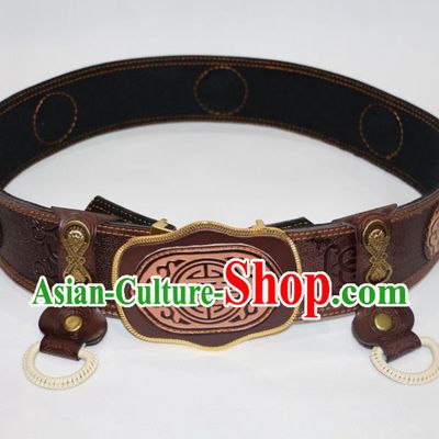 Traditional Chinese Mongol Nationality Male Brown Leather Belts Mongolian Ethnic Waistband for Men
