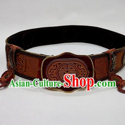 Traditional Chinese Mongol Nationality Male Yellow Leather Belts Mongolian Ethnic Waistband for Men