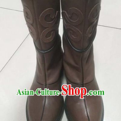 Chinese Traditional Mongol Nationality Brown Boots Mongolian Ethnic Stage Show Leather Riding Boots for Men