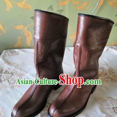 Chinese Traditional Mongol Nationality Orange Boots Mongolian Ethnic Stage Show Leather Riding Boots for Men