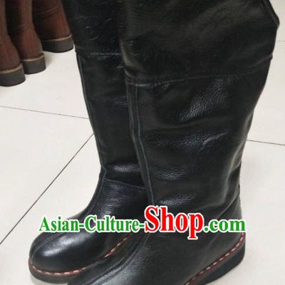 Chinese Traditional Mongol Nationality Black Riding Boots Mongolian Ethnic Shoes Winter Leather Boots for Women
