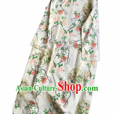 Chinese Traditional Tang Suit Printing Fan White Flax Cheongsam National Costume Qipao Dress for Women