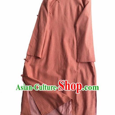 Chinese Traditional Tang Suit Rust Red Linen Cheongsam National Costume Qipao Dress for Women