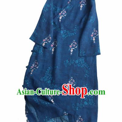 Chinese Traditional Tang Suit Printing Deep Blue Ramie Cheongsam National Costume Qipao Dress for Women