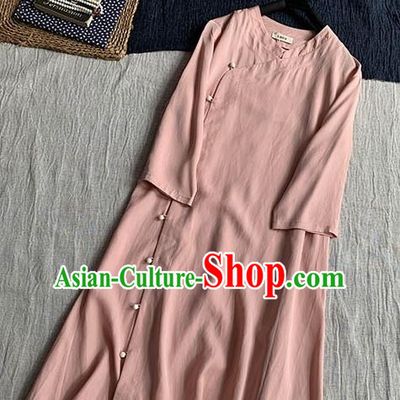 Chinese Traditional Tang Suit Deep Pink Ramie Cheongsam National Costume Qipao Dress for Women