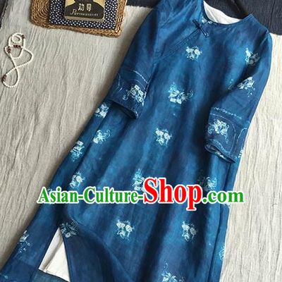 Chinese Traditional Tang Suit Printing Petunia Royalblue Ramie Cheongsam National Costume Qipao Dress for Women