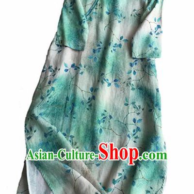 Chinese Traditional Tang Suit Printing Green Ramie Cheongsam National Costume Qipao Dress for Women