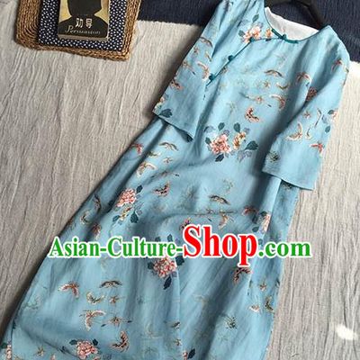 Chinese Traditional Tang Suit Printing Butterfly Peony Blue Ramie Cheongsam National Costume Qipao Dress for Women