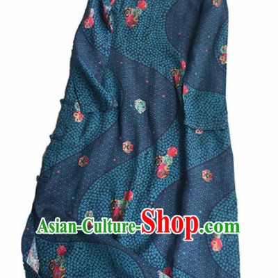 Chinese Traditional Tang Suit Printing Daisy Navy Ramie Cheongsam National Costume Qipao Dress for Women