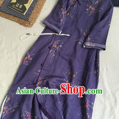Chinese Traditional Tang Suit Printing Orchid Purple Ramie Cheongsam National Costume Qipao Dress for Women