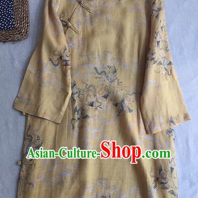 Chinese Traditional Tang Suit Printing Dragon Phoenix Yellow Ramie Cheongsam National Costume Qipao Dress for Women