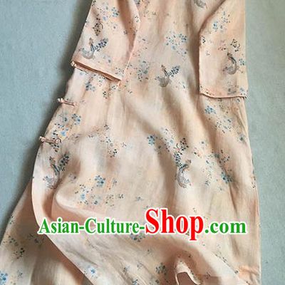 Chinese Traditional Tang Suit Printing Light Pink Ramie Cheongsam National Costume Qipao Dress for Women