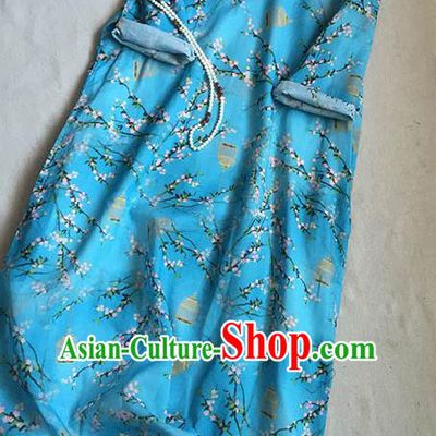 Chinese Traditional Tang Suit Printing Plum Blue Ramie Cheongsam National Costume Qipao Dress for Women