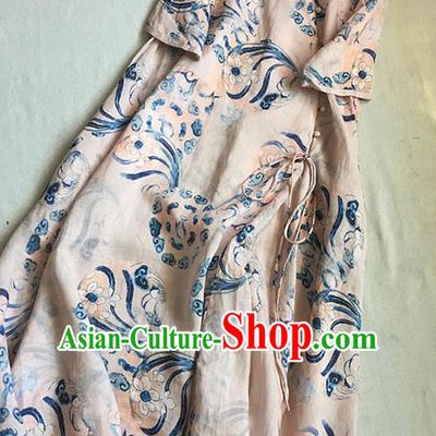 Chinese Traditional Tang Suit Printing Orchid Light Pink Ramie Cheongsam National Costume Qipao Dress for Women