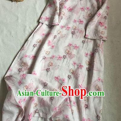 Chinese Traditional Tang Suit Printing White Ramie Cheongsam National Costume Qipao Dress for Women
