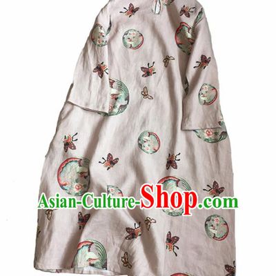 Chinese Traditional Tang Suit Printing Phoenix Butterfly Pink Ramie Cheongsam National Costume Qipao Dress for Women
