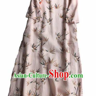 Chinese Traditional Tang Suit Printing Bamboo Light Pink Ramie Cheongsam National Costume Qipao Dress for Women
