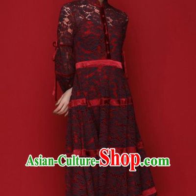 Chinese Traditional Tang Suit Wine Red Lace Cheongsam National Costume Qipao Dress for Women