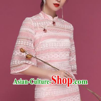 Chinese Traditional Tang Suit Pink Lace Cheongsam National Costume Qipao Dress for Women