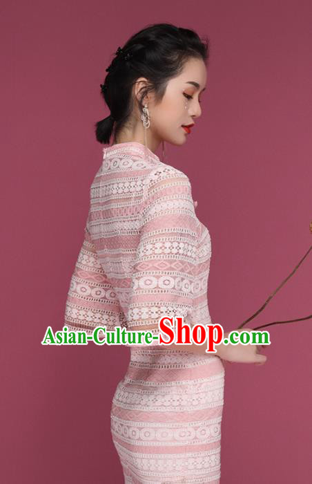 Chinese Traditional Tang Suit Pink Lace Cheongsam National Costume Qipao Dress for Women Chinese Traditional Tang Suit Pink Lace Cheongsam National Costume Qipao Dress for Women