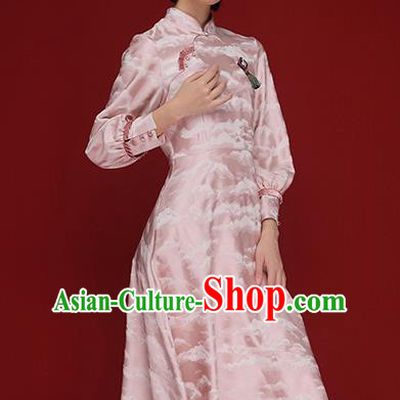 Chinese Traditional Tang Suit Pink Silk Cheongsam National Wedding Costume Qipao Dress for Women