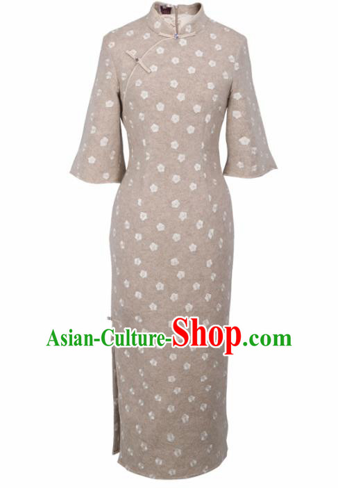 Chinese Traditional Tang Suit Grey Wool Cheongsam National Costume Qipao Dress for Women Chinese Traditional Tang Suit Grey Wool Cheongsam National Costume Qipao Dress for Women