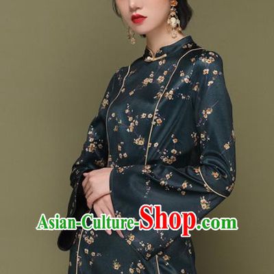 Chinese Traditional Tang Suit Atrovirens Silk Cheongsam National Costume Qipao Dress for Women
