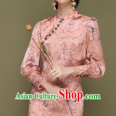 Chinese Traditional Tang Suit Pink Cheongsam National Costume Qipao Dress for Women
