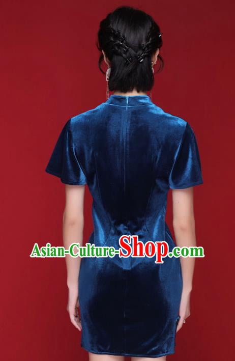 Chinese Traditional Tang Suit Royalblue Pleuche Cheongsam National Costume Qipao Dress for Women Chinese Traditional Tang Suit Royalblue Pleuche Cheongsam National Costume Qipao Dress for Women