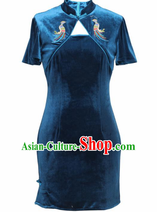 Chinese Traditional Tang Suit Royalblue Pleuche Cheongsam National Costume Qipao Dress for Women Chinese Traditional Tang Suit Royalblue Pleuche Cheongsam National Costume Qipao Dress for Women