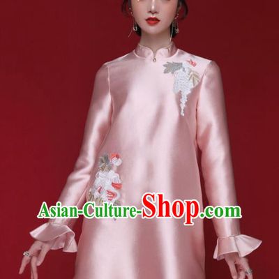 Chinese Traditional Tang Suit Embroidered Pink Cheongsam National Costume Qipao Dress for Women