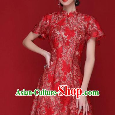 Chinese Traditional Tang Suit Red Lace Cheongsam National Costume Qipao Dress for Women