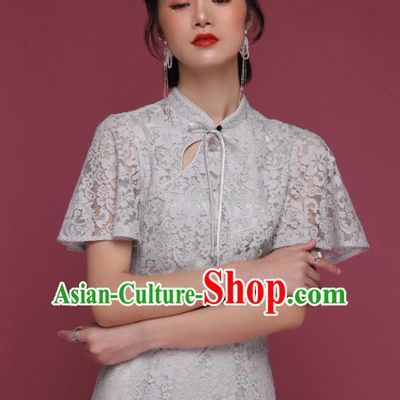 Chinese Traditional Tang Suit Grey Lace Cheongsam National Costume Qipao Dress for Women