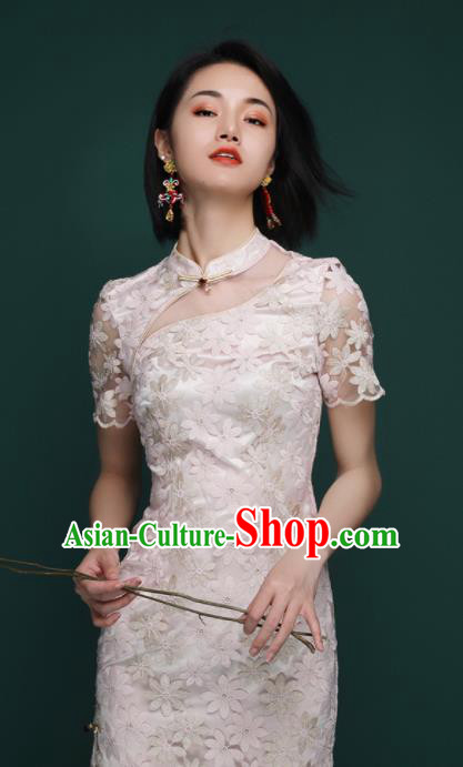 Chinese Traditional Tang Suit Pink Veil Cheongsam National Costume Qipao Dress for Women Chinese Traditional Tang Suit Pink Veil Cheongsam National Costume Qipao Dress for Women