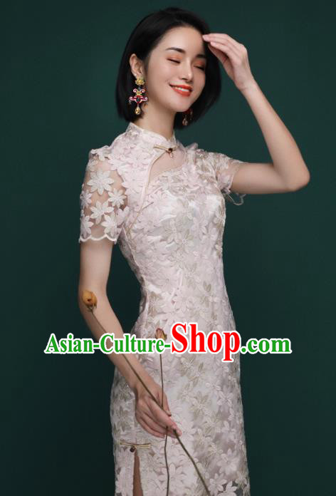 Chinese Traditional Tang Suit Pink Veil Cheongsam National Costume Qipao Dress for Women Chinese Traditional Tang Suit Pink Veil Cheongsam National Costume Qipao Dress for Women