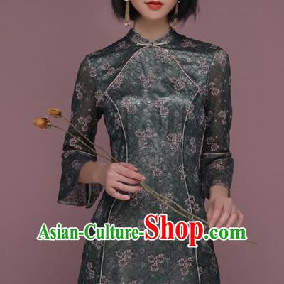 Chinese Traditional Tang Suit Dark Green Lace Cheongsam National Costume Qipao Dress for Women
