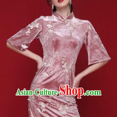 Chinese Traditional Tang Suit Pink Pleuche Cheongsam National Costume Qipao Dress for Women