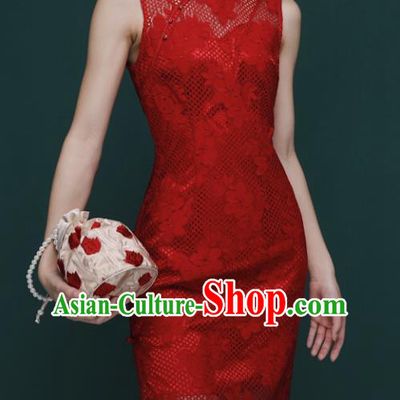 Chinese Traditional Tang Suit Red Lace Cheongsam National Costume Qipao Dress for Women