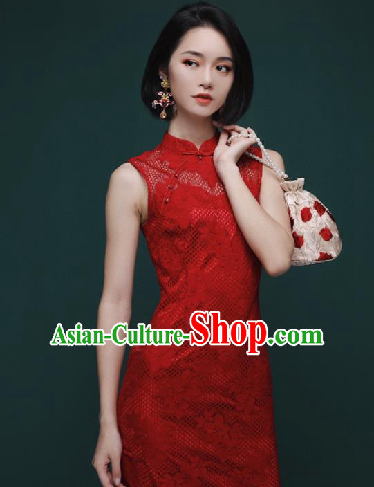 Chinese Traditional Tang Suit Red Lace Cheongsam National Costume Qipao Dress for Women Chinese Traditional Tang Suit Red Lace Cheongsam National Costume Qipao Dress for Women
