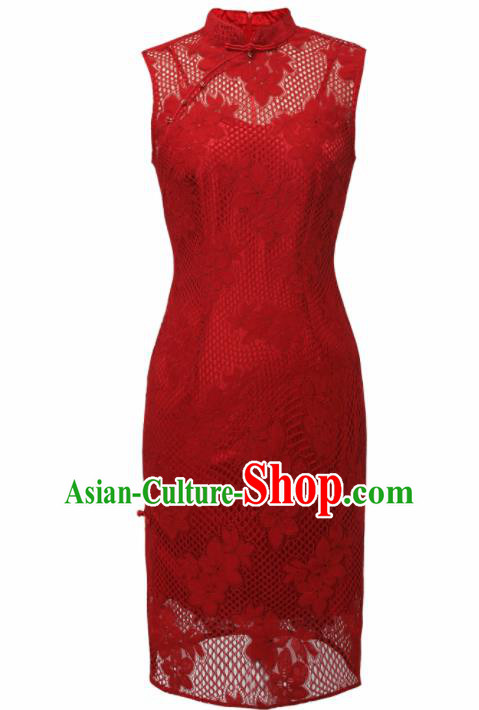 Chinese Traditional Tang Suit Red Lace Cheongsam National Costume Qipao Dress for Women Chinese Traditional Tang Suit Red Lace Cheongsam National Costume Qipao Dress for Women