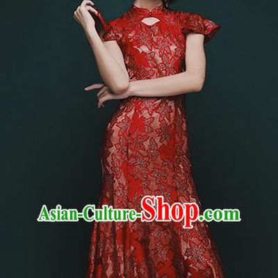 Chinese Traditional Tang Suit Red Lace Fishtail Cheongsam National Costume Qipao Dress for Women