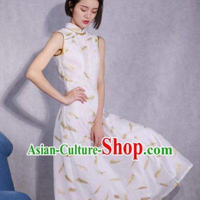 Chinese Traditional Tang Suit Retro Printing White Cheongsam National Costume Qipao Dress for Women