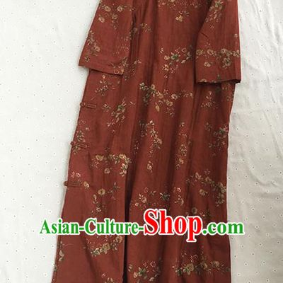 Chinese Traditional Tang Suit Printing Rust Red Ramie Cheongsam National Costume Qipao Dress for Women