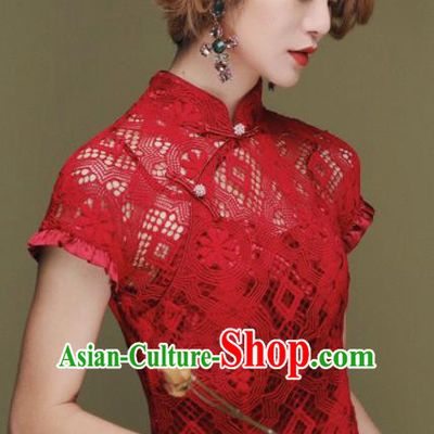 Chinese Traditional Tang Suit Retro Red Lace Cheongsam National Costume Qipao Dress for Women
