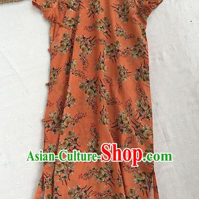 Chinese Traditional Tang Suit Printing Chrysanthemum Orange Ramie Cheongsam National Costume Qipao Dress for Women