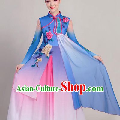 Chinese Traditional Umbrella Dance Stage Show Blue Dress Classical Dance Fan Dance Costume for Women