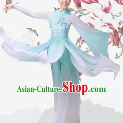 Chinese Traditional Umbrella Dance Light Green Dress Classical Dance Fan Dance Costume for Women