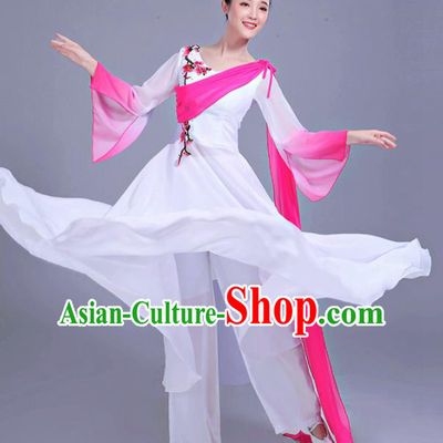 Chinese Traditional Umbrella Dance Stage Show White Dress Classical Dance Fan Dance Costume for Women